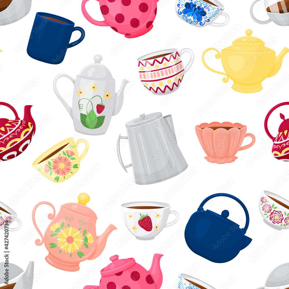 seamless pattern from cute color teapots. Vector illustration. Cartoon style. On white background.