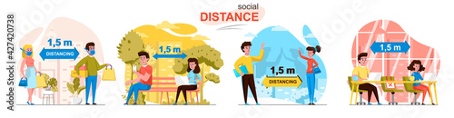 Social distance concept scenes set. Man and woman keep distance of 1.5 meters at shopping, in park, in cafe, greeting. Collection of people activities. Vector illustration of characters in flat design