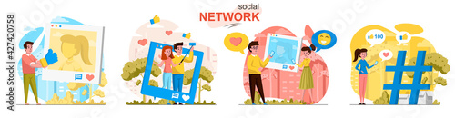 Social network concept scenes set. Man and woman take selfie, post photos, collect likes and comments, followers. Collection of people activities. Vector illustration of characters in flat design