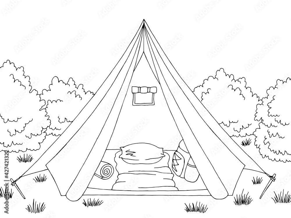 continuous single line drawing of tent and campfire next to tree camping  concept line art vector illustration Stock Vector Image  Art  Alamy