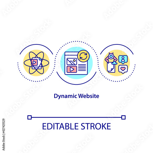 Dynamic website concept icon. Data displayed can change to suit viewer. Construct webpages on fly idea thin line illustration. Vector isolated outline RGB color drawing. Editable stroke