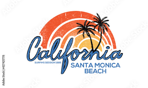 Retro summer beach design for apparel and others. California santa monica beach t-shirt design.  Beach vibes artwork.