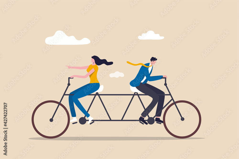 Ταπετσαρία Business conflict, controversy or disagreement causing problem and failure concept, businessman and businesswoman colleagues or working team trying hard riding bicycle in opposite direction