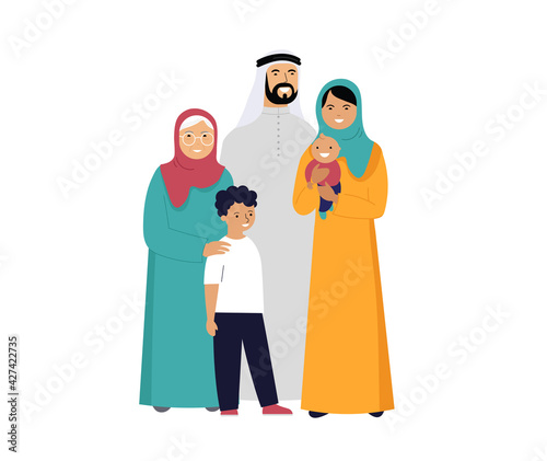 Muslim family in traditional wear, vector illustration