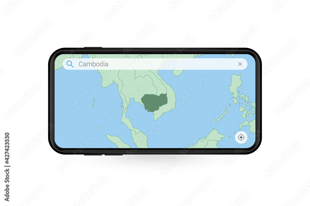 Searching map of Cambodia in Smartphone map application. Map of Cambodia in Cell Phone. Searching map of Cambodia in Smartphone map application. Map of Cambodia in Cell Phone.