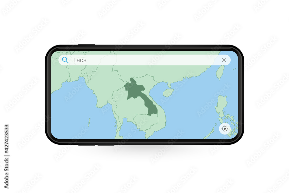 Searching map of Laos in Smartphone map application. Map of Laos in Cell Phone. Searching map of Laos in Smartphone map application. Map of Laos in Cell Phone.