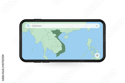 Searching map of Vietnam in Smartphone map application. Map of Vietnam in Cell Phone.