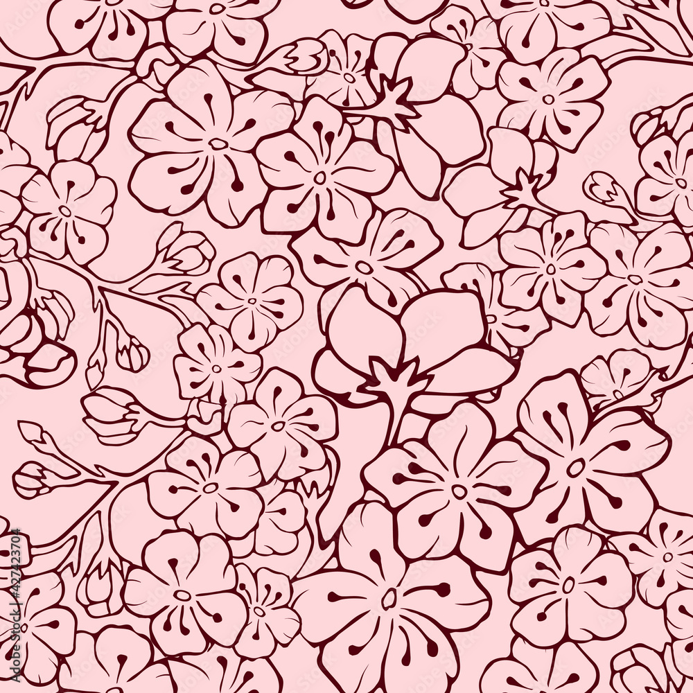 Seamless background with cherry blossoms. Vector illustration. Contour image. Stock vector. Cherry. Pink background Seamless background with cherry blossoms. Vector illustration. Contour image. Stock vector. Cherry. Pink background