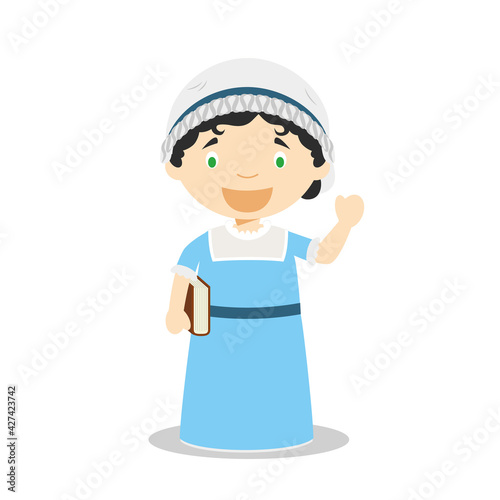 Jane Austen cartoon character. Vector Illustration. Kids History Collection.