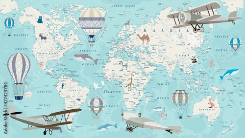 Old geography travel map with regional animals and aircrafts