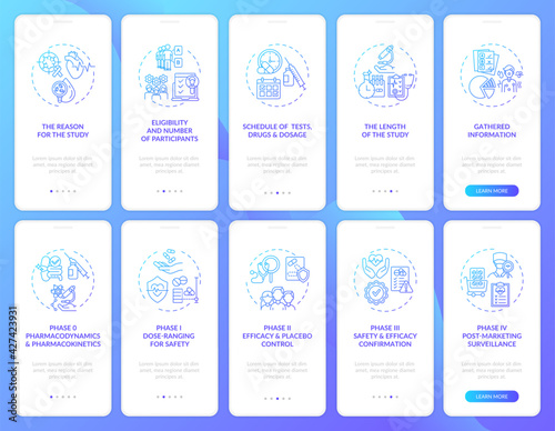 Clinical study onboarding mobile app page screen with concepts set. Research phases, monitoring walkthrough 5 steps graphic instructions. UI, UX, GUI vector template with linear color illustrations