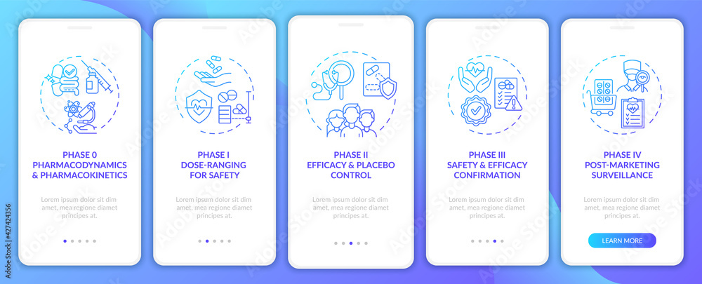 Researching phases onboarding mobile app page screen with concepts. Placebo control, surveillance walkthrough 5 steps graphic instructions. UI, UX, GUI vector template with linear color illustrations