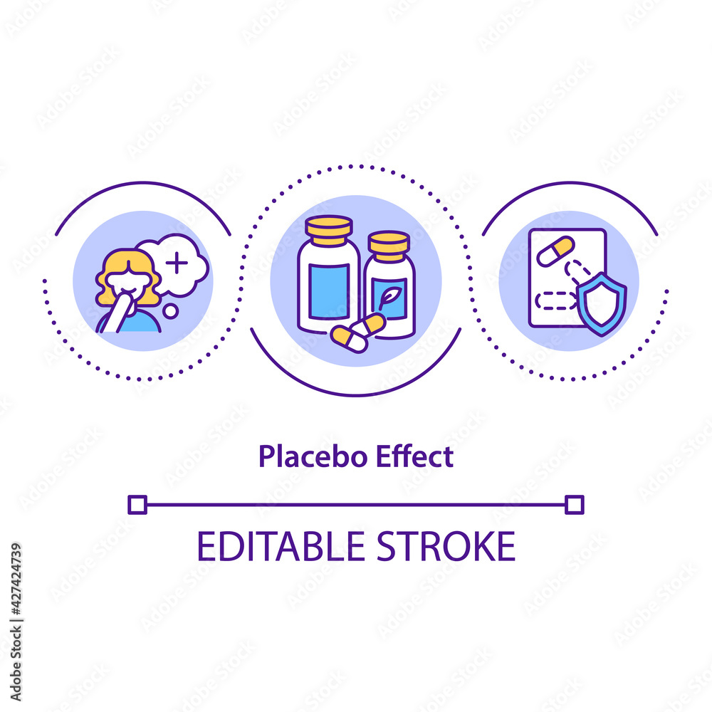 Placebo effect concept icon. Positive results from fake treatment idea thin line illustration. Beneficial effect. Neurobiological reaction. Vector isolated outline RGB color drawing. Editable stroke Placebo effect concept icon. Positive results from fake treatment idea thin line illustration. Beneficial effect. Neurobiological reaction. Vector isolated outline RGB color drawing. Editable stroke