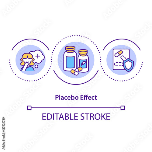 Placebo effect concept icon. Positive results from fake treatment idea thin line illustration. Beneficial effect. Neurobiological reaction. Vector isolated outline RGB color drawing. Editable stroke