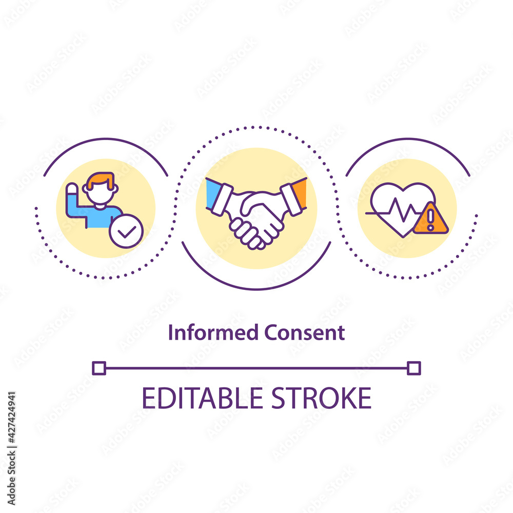 Informed consent concept icon. Potential participant agreement idea thin line illustration. Clinical trial volunteer experiences. Vector isolated outline RGB color drawing. Editable stroke Informed consent concept icon. Potential participant agreement idea thin line illustration. Clinical trial volunteer experiences. Vector isolated outline RGB color drawing. Editable stroke