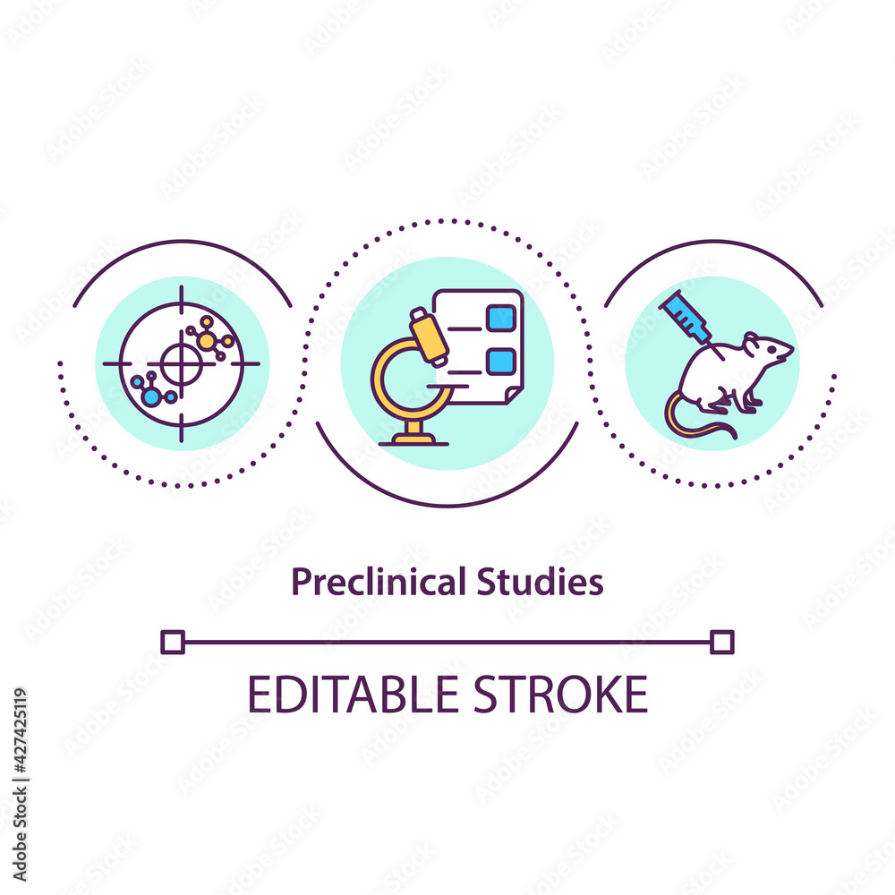 Preclinical studies concept icon. Testing on lab rats idea thin line illustration. Clinical study. Treatment outcome prediction. Vector isolated outline RGB color drawing. Editable stroke