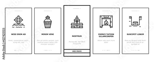 Funeral Burial Service Onboarding Mobile App Page Screen Vector. Church And Priest, Grave And Coffin, Candle And Gravestone, Funeral Crematorium And Cemetery Illustrations