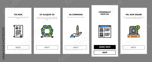 Funeral Burial Service Onboarding Mobile App Page Screen Vector. Church And Priest, Grave And Coffin, Candle And Gravestone, Funeral Crematorium And Cemetery Illustrations
