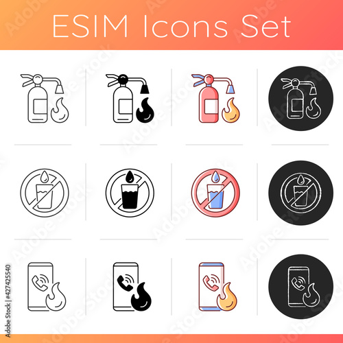 Fire safety and firefighting icons set. Extinguisher for flame. Do not use drinking water. Label for precaution. Danger warning. Linear, black and RGB color styles. Isolated vector illustrations