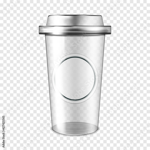 Clear empty plastic cup with lid and white blank round label sticker on transparent background, realistic mock-up. Disposable takeaway drink mug, vector mockup. Template for design