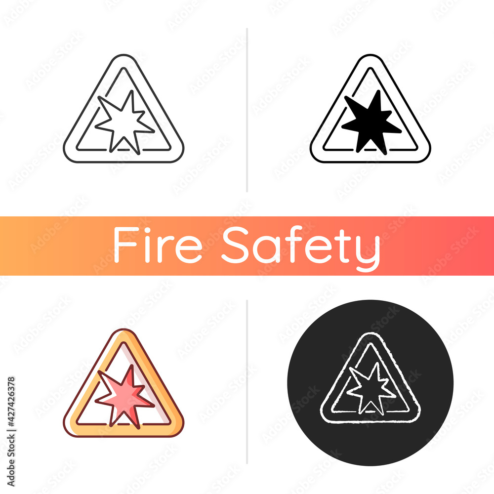 Risk of explosion icon. Warning label for dangerous manufacture. Security rules for chemical substance. Fire safety regulation. Linear black and RGB color styles. Isolated vector illustrations Risk of explosion icon. Warning label for dangerous manufacture. Security rules for chemical substance. Fire safety regulation. Linear black and RGB color styles. Isolated vector illustrations