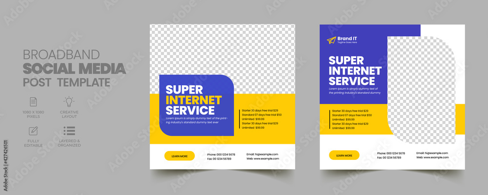 Broadband Service Social Media Post and Internet Promotion Web Banner Template with Creative Modern Editable Flyer Poster Brochure Design