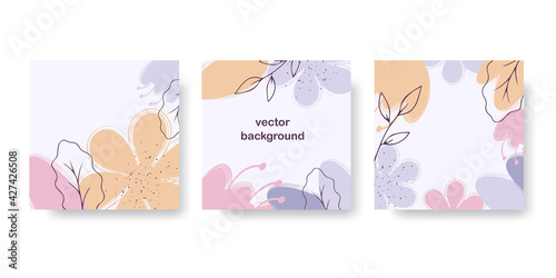 Floral abstract set of banner, greeting card, poster, holiday cover. Trendy design with hand drawn flower, leaves and dots in pastel colors. Modern art minimalist style.
