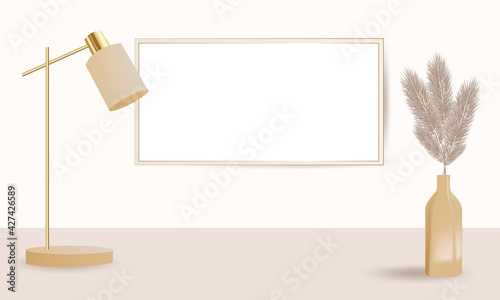 Podium and table lamp for product presentation in warm beige color, dried pampas grass and dried lagurus. Boho style decoration on the background of an empty wall. Vector illustration