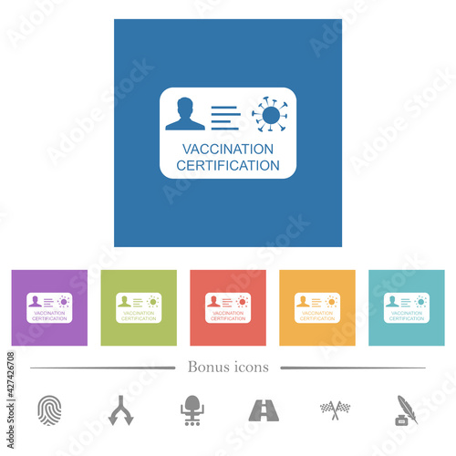 Vaccination certification flat white icons in square backgrounds