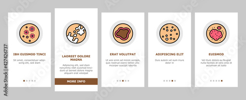 Skin Disease Symptom Onboarding Mobile App Page Screen Vector. Skin Cancer And Acne, Vitiligo And Bruise, Eczema And Chronic Blistering, Herpes And Mycosis Illustrations