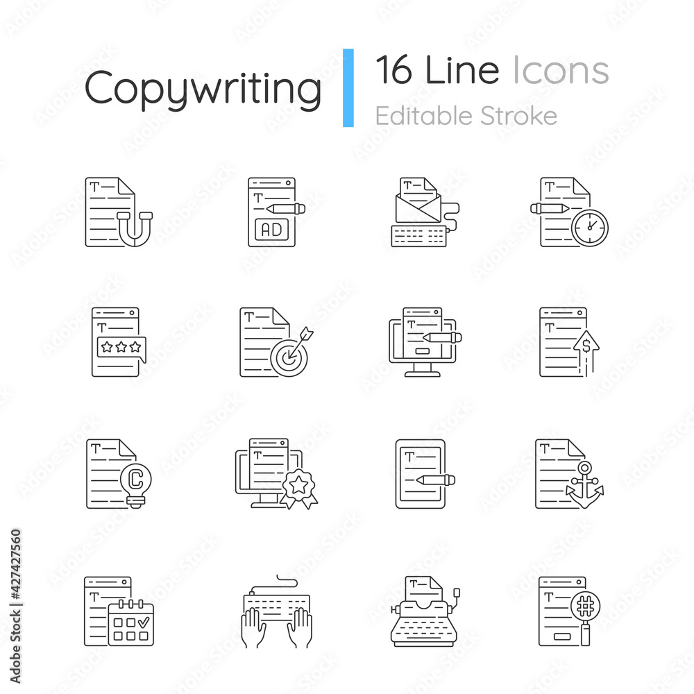Copywriting linear icons set. Aiming at target audience. Professional copywriting. Website content. Customizable thin line contour symbols. Isolated vector outline illustrations. Editable stroke Copywriting linear icons set. Aiming at target audience. Professional copywriting. Website content. Customizable thin line contour symbols. Isolated vector outline illustrations. Editable stroke