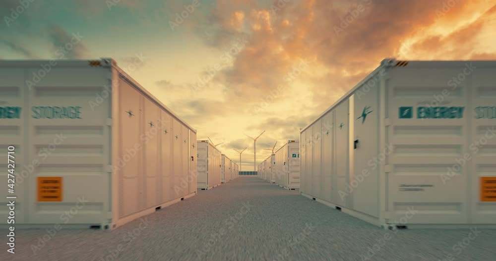 Battery storage power station 
accompanied by solar and wind  turbine power plants in warm golden light. 3d rendering clip.