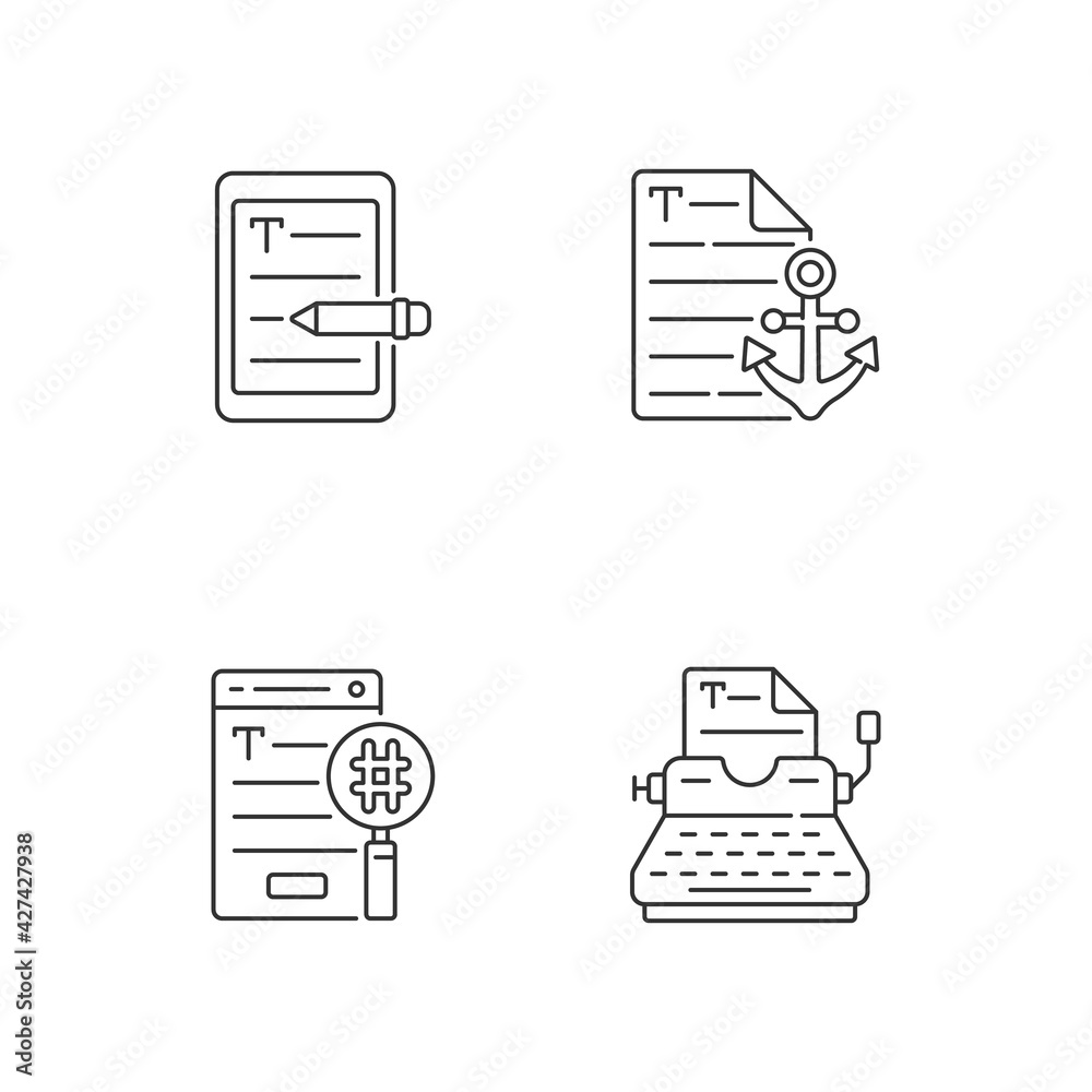 Copy writing linear icons set. E book editing services. Anchor text. SEO work, professional typewriting. Customizable thin line contour symbols. Isolated vector outline illustrations. Editable stroke Copy writing linear icons set. E book editing services. Anchor text. SEO work, professional typewriting. Customizable thin line contour symbols. Isolated vector outline illustrations. Editable stroke