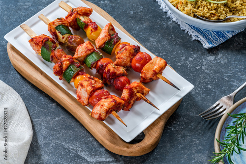 Chicken, tomato and courgette skewers