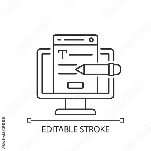 Website content linear icon. Online platform. Copywriting services. Search optimization. Thin line customizable illustration. Contour symbol. Vector isolated outline drawing. Editable stroke