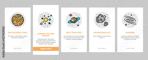 Galaxy System Space Onboarding Mobile App Page Screen Vector. Milky Way Galaxy Planet And Sun, Falling Star And Constellation, Moon And Earth Illustrations