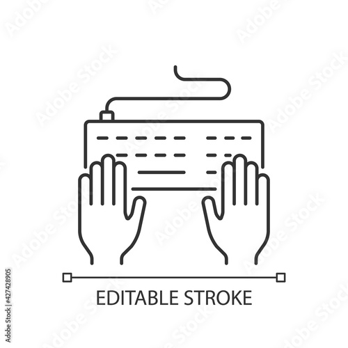 Keyboard linear icon. Professional freelancer. Copywriter work. Enter information with keypad. Thin line customizable illustration. Contour symbol. Vector isolated outline drawing. Editable stroke
