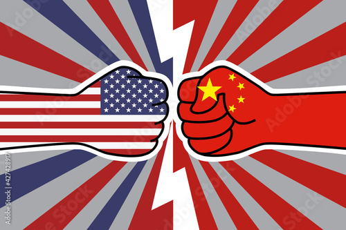 USA China trade war. US flag fist vs china flag fist. American chinese economic confrontation. Vector flat icon for web banner, posts