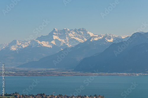 Mesmerizing scenery of the swiss alps over the Geneva lake in Montreux, Switzerland