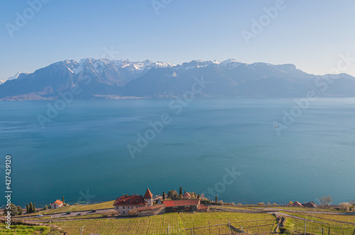 Astonishing landscap of the swiss alps over the Geneva lake in Montreux, Switzerland