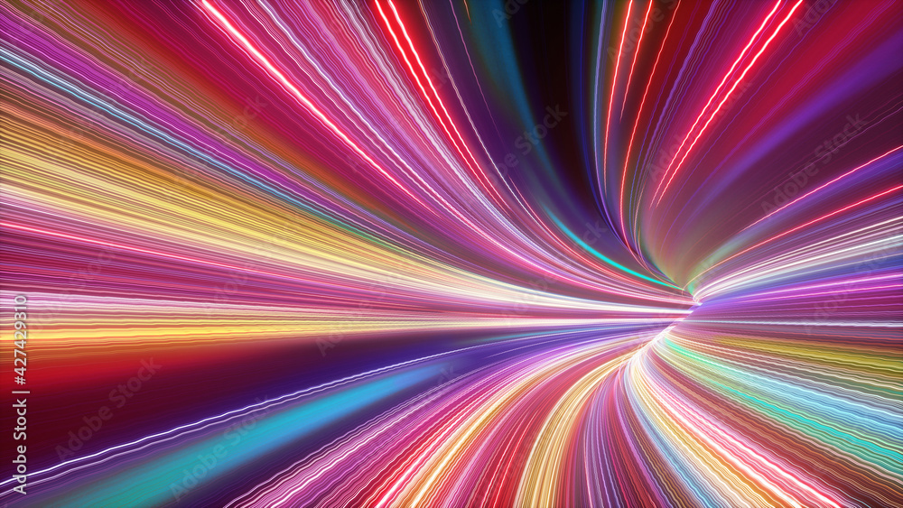 Fototapeta premium 3d render of hyperspace tunnel turning to the right, abstract cosmic background. Bright neon rays and glowing lines. Network data, speed of light, space and time strings, highway night lights