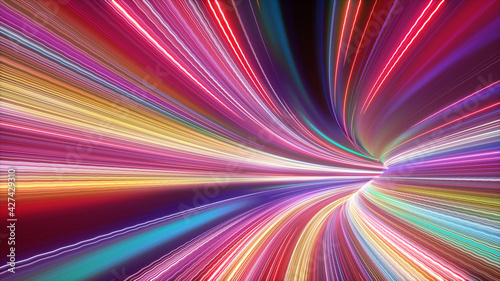 Fototapeta Naklejka Na Ścianę i Meble -  3d render of hyperspace tunnel turning to the right, abstract cosmic background. Bright neon rays and glowing lines. Network data, speed of light, space and time strings, highway night lights