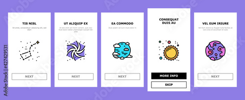 Galaxy System Space Onboarding Mobile App Page Screen Vector. Milky Way Galaxy Planet And Sun, Falling Star And Constellation, Moon And Earth Illustrations