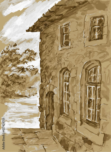 Fragment of the wall of an old stone mansion in perspective with windows and an entrance. Monochrome, sepia, sketch.