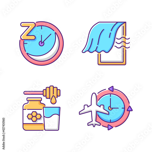 Recommendations to improve sleep RGB color icons set. Sleep hygiene and regularity. Bedroom airing, room ventilation. Milk and honey. Jet lag, time zone. Isolated vector illustrations