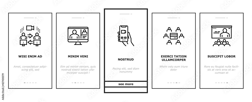 Online Video Meeting Onboarding Mobile App Page Screen Vector. Meeting And Conference, Presentation And Interview, Computer Technology For Communication Illustrations Online Video Meeting Onboarding Mobile App Page Screen Vector. Meeting And Conference, Presentation And Interview, Computer Technology For Communication Illustrations