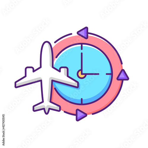 Jet lag RGB color icon. Sleep disorder. Time zones change due to international flight. Fatigue from traveling by plane. Insomnia reason, cause of sleeplessness. Isolated vector illustration