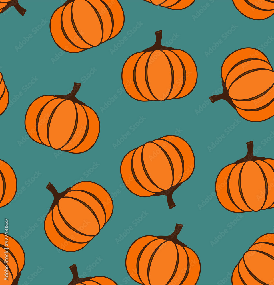 Seamless pattern with pumpkins over blue background, vector	