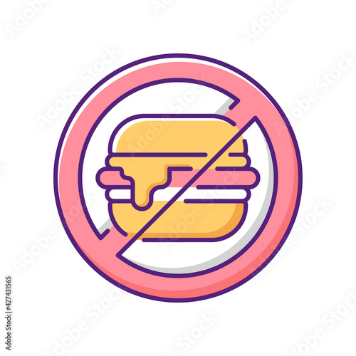 No junk food RGB color icon. Avoid unhealthy habit. Restriction from overeating, weight gain. Limit fast food from diet. No hamburgers. Recommendation to prevent insomnia. Isolated vector illustration