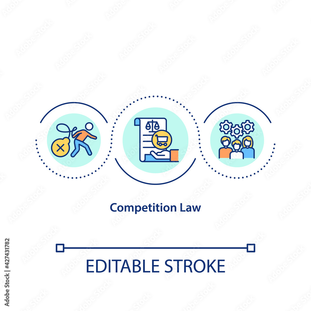 Competition law concept icon. Trading regulation by court and judge. Dealing with business law idea thin line illustration. Vector isolated outline RGB color drawing. Editable stroke Competition law concept icon. Trading regulation by court and judge. Dealing with business law idea thin line illustration. Vector isolated outline RGB color drawing. Editable stroke